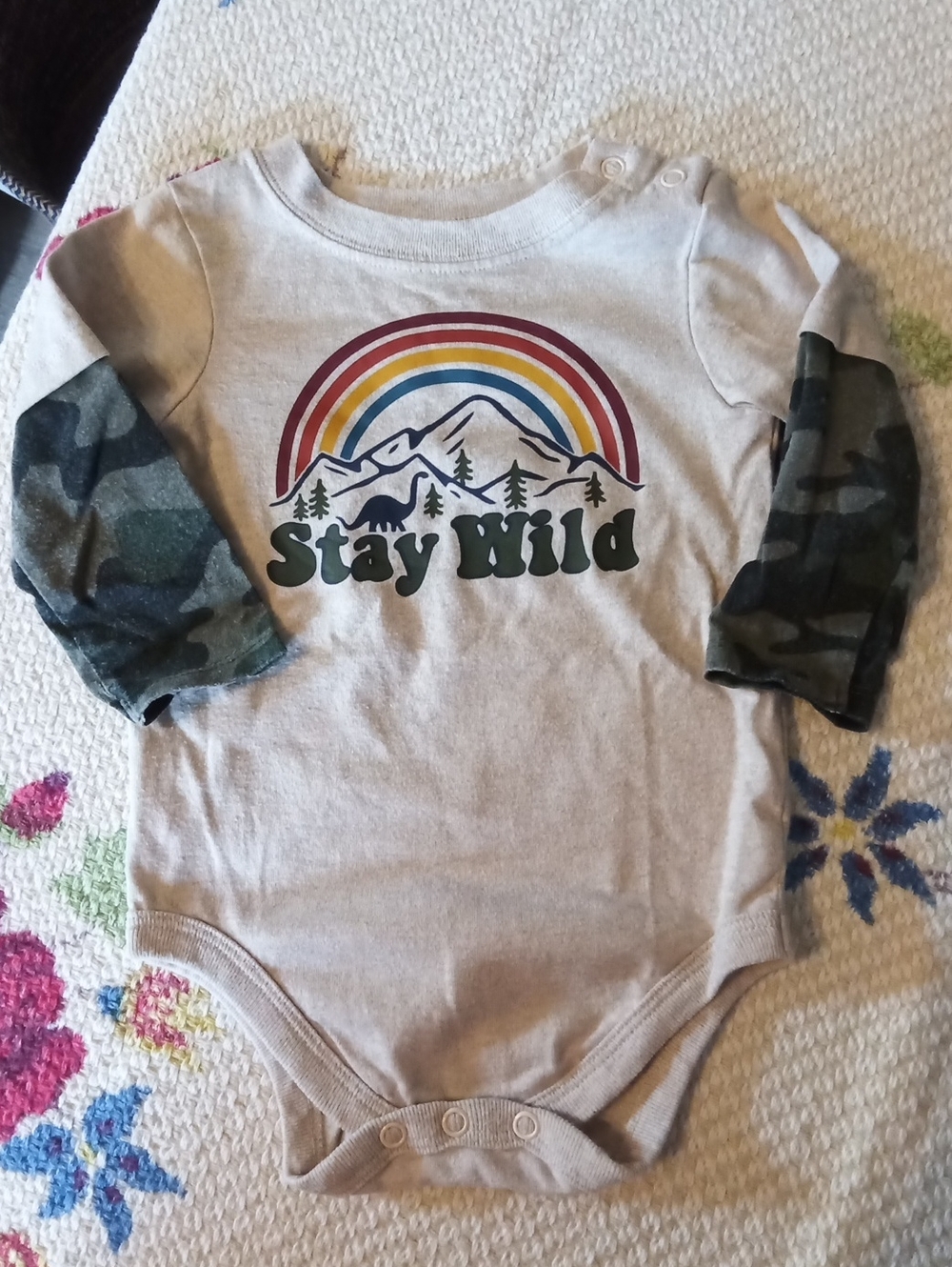 Garanimals Beige One-Piece with Green Camo Sleeves & Rainbow Graphic